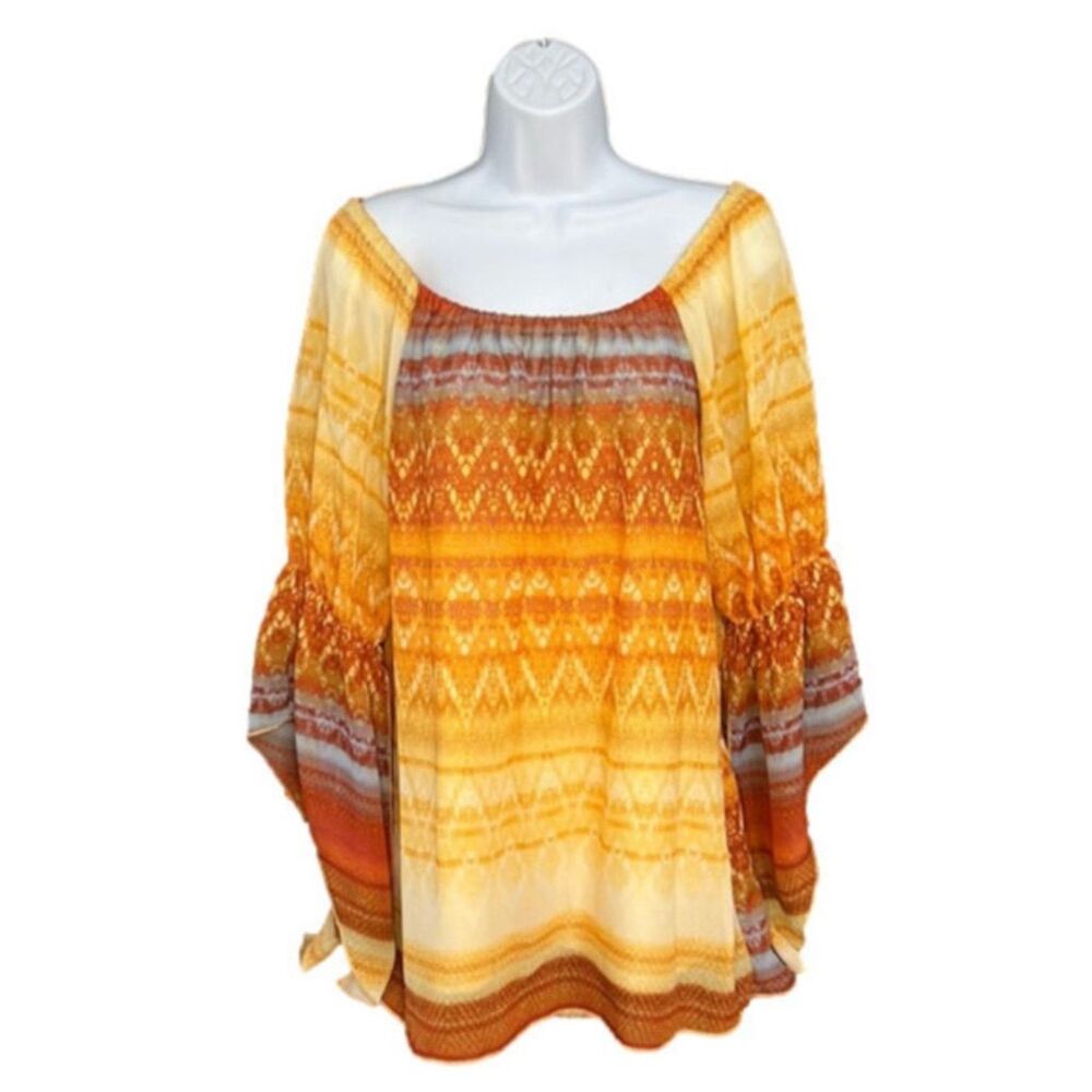 New Directions Women's S Multicolor Geometric Print Blouse Long Sleeve